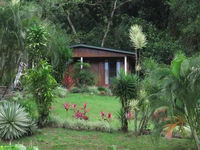 a small house in the middle of a garden at Hotel La Rana de Arenal in Nuevo Arenal
