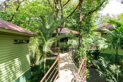 a wooden walkway leading to the side of a building at Arbol Verde Villas in Ojochal