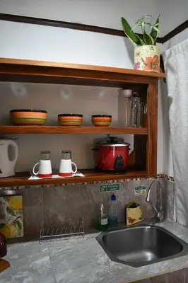 a kitchen counter with a sink and wooden shelves at Lidia's Mountain View Vacation Homes in Monteverde Costa Rica
