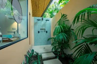 a bathroom with a shower and some plants at Nayara Gardens in Fortuna