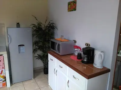 a kitchen with a refrigerator and a microwave on a counter at Arenal Thiago with Private Jacuzzi in Fortuna
