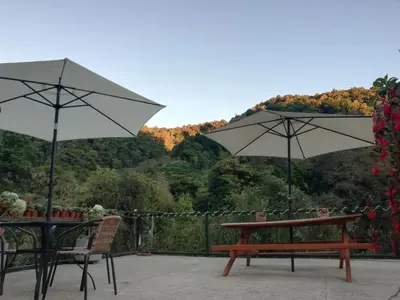 a patio with two chairs and two umbrellas at Los Lagos Lodge in San Gerardo de Dota