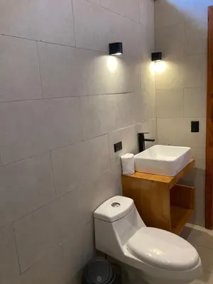 a bathroom with a white toilet and a sink at Los Lagos Lodge in San Gerardo de Dota