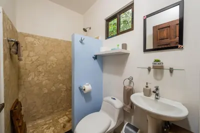 a bathroom with a toilet and a sink and a shower at Surfside Mar Y Posa in Playa Flamingo