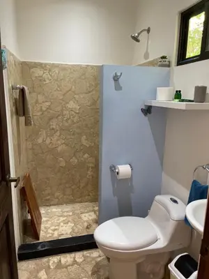 a bathroom with a white toilet and a shower at Surfside Mar Y Posa in Playa Flamingo