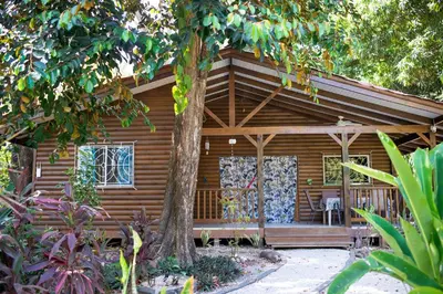 a log cabin with a porch and a tree at Boho lodge Montezuma l&l in Montezuma