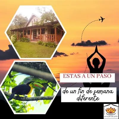 a collage of pictures of a house and a picture of a person doing yoga at La Flor de Loto in Cartago