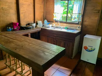 a small kitchen with a sink and a refrigerator at Hospedaje La Naciente in Turrialba