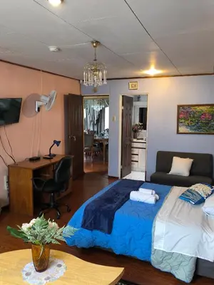a bedroom with a large bed and a desk and a desk at Vilma Friendly Guesthouse - RA in San José
