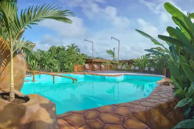 a swimming pool in a resort with palm trees at Cabañas del Rio in Fortuna