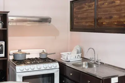 a kitchen with a stove and a sink at Cabañas del Rio in Fortuna