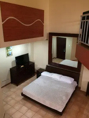 a bedroom with two beds and a mirror at Hotel La Amistad in San José