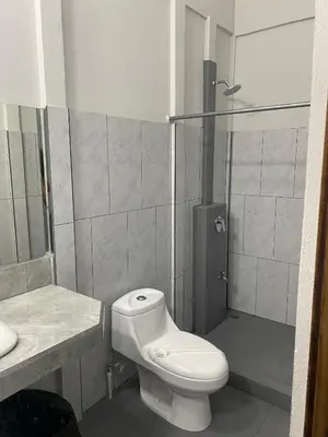 a bathroom with a toilet and a glass shower at Gallina E Palo Beachfront Hotel in Jacó