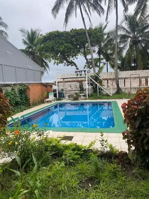 a swimming pool in a yard next to a house at Gallina E Palo Beachfront Hotel in Jacó