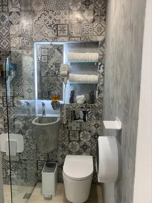 a bathroom with a toilet and a sink and a mirror at Berlor Airport Inn in Alajuela City