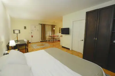 a bedroom with a bed and a desk and a television at Hotel Luisiana in San José