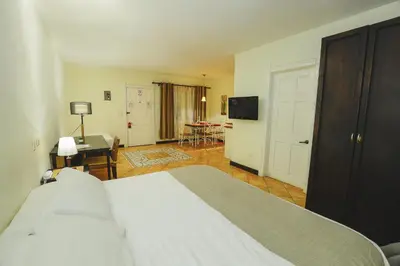 a bedroom with a bed and a desk and a television at Hotel Luisiana in San José
