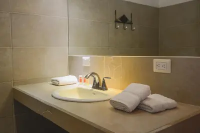 a bathroom sink with towels on a counter at Hotel Luisiana in San José