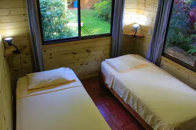 two beds in a room with two windows at Forest Lodge in Uvita
