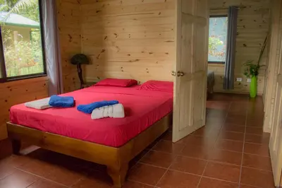 a bedroom with a bed in a wooden room at Forest Lodge in Uvita