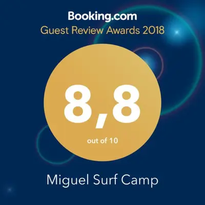 a yellow circle with the words guest review awards on it at Miguel Surf Camp in Quepos