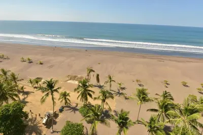 an aerial view of a beach with palm trees and the ocean at The Palms Jaco 1001 penthouse on the beach in Jacó