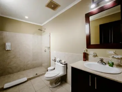 a bathroom with a toilet and a sink and a mirror at The Palms Jaco 1001 penthouse on the beach in Jacó