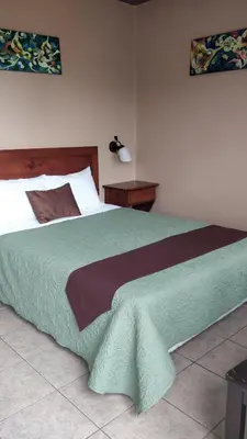 a bedroom with a large bed with a green blanket at Hotel Las Colinas in Fortuna