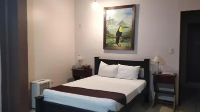 a bedroom with a bed and a painting on the wall at Hotel Las Colinas in Fortuna