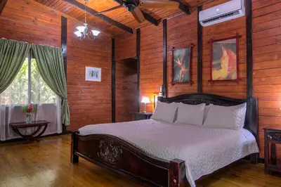 a bedroom with a bed in a room with wooden walls at Blue River Resort & Hot Springs in Liberia