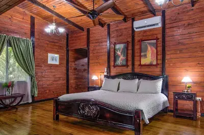 a bedroom with a bed in a room with wooden walls at Blue River Resort & Hot Springs in Liberia