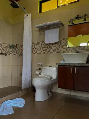 a bathroom with a toilet and a sink at Arenal Roca Suites in Fortuna