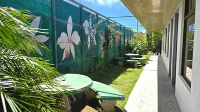 a wall with a table and a bench next to a building at Hostel Cattleya - Monteverde, Costa Rica in Monteverde Costa Rica