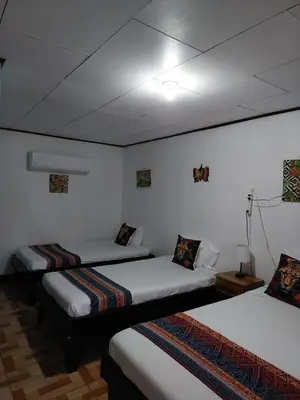 two beds in a room with white walls at Chinitas Eco Lodge in Tortuguero