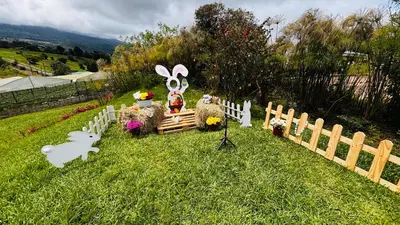 a group of stuffed animals sitting in a fence at Hortensias Chalets Vara blanca in Heredia