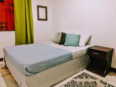 a bedroom with a bed with a nightstand at Stray Cat Hostel in San José