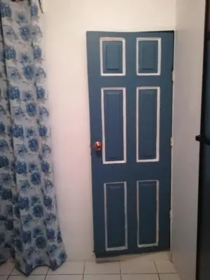 a blue door in a room with a curtain at Belis in Alajuela City