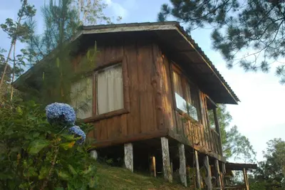 a tiny house on a hill with flowers at Cabañas Don Camilo Albergue de Montaña in Cabecera de Cañas
