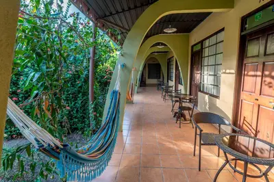 a hammock on a patio with tables and chairs at Kayak Lodge in Damas