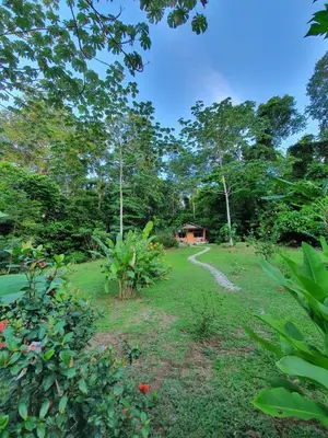 a garden with a house in the background at The Sunset Tucano Lodge in Drake
