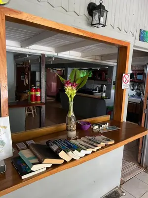 a table with books and a vase of flowers at Pura Vida Hostel in Montezuma