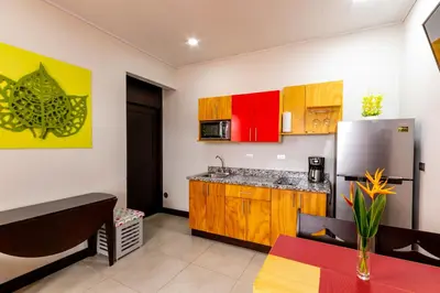 a kitchen with wooden cabinets and a stainless steel refrigerator at Apartamentos Equipados RyA del Volcán in Fortuna