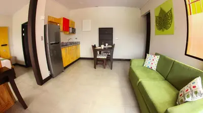 a living room with a green couch and a kitchen at Apartamentos Equipados RyA del Volcán in Fortuna