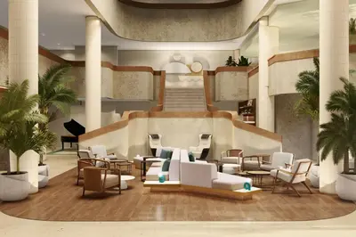 a rendering of a lobby with chairs and tables at Delta Hotels by Marriott San Jose Aurola in San José
