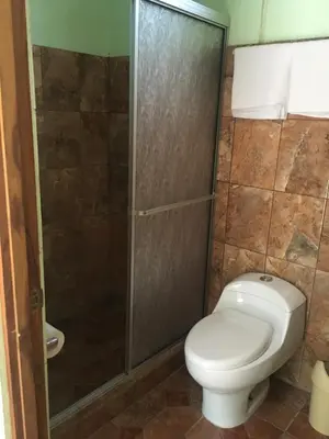 a bathroom with a toilet and a shower at Cabinas Brisas del Golfo in Colorado