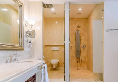 a bathroom with a shower with a toilet and a sink at Hotel Palma Real in San José