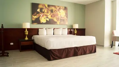 a hotel room with a large bed with two lamps at Hotel Palma Real in San José