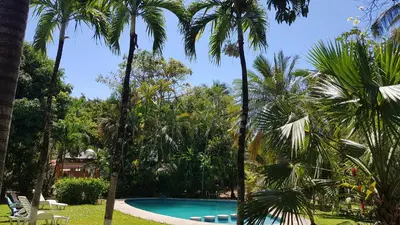 a swimming pool in a yard with palm trees at Samara Beach Hotel in Sámara