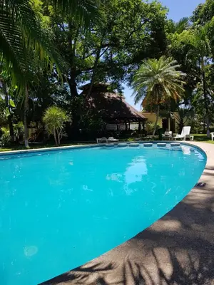 a large blue swimming pool in front of a house at Samara Beach Hotel in Sámara