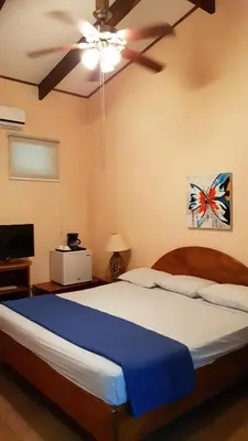 a bedroom with a large bed with a ceiling fan at Samara Beach Hotel in Sámara